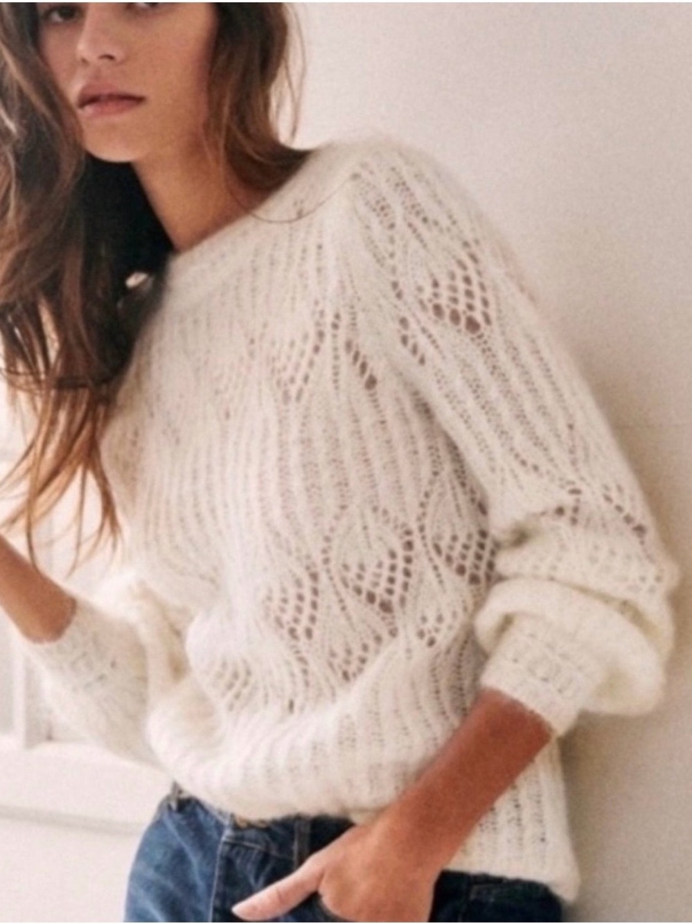 RARE**Sezane Cream Openwork Cable Knit, mohair, v-back Sweater